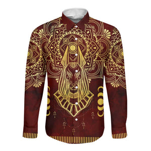 Personalized Anubis Long Sleeve Button Shirt Ancient Egyptian Pattern In Red