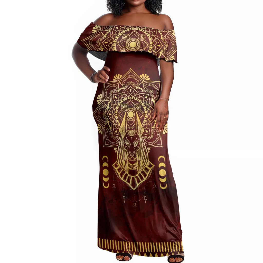 Personalized Anubis Off Shoulder Maxi Dress Ancient Egyptian Pattern In Red