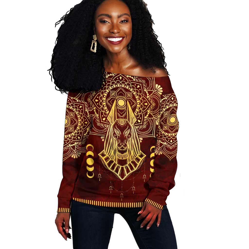 Personalized Anubis Off Shoulder Sweater Ancient Egyptian Pattern In Red