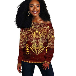 Personalized Anubis Off Shoulder Sweater Ancient Egyptian Pattern In Red