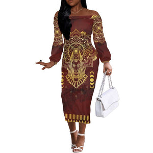 Personalized Anubis Off The Shoulder Long Sleeve Dress Ancient Egyptian Pattern In Red