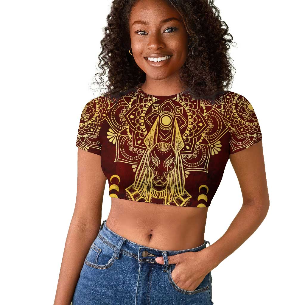 Personalized Anubis Raglan Cropped T shirt Ancient Egyptian Pattern In Red