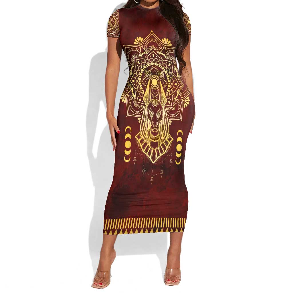 Personalized Anubis Short Sleeve Bodycon Dress Ancient Egyptian Pattern In Red