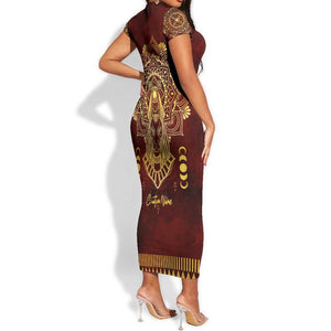 Personalized Anubis Short Sleeve Bodycon Dress Ancient Egyptian Pattern In Red