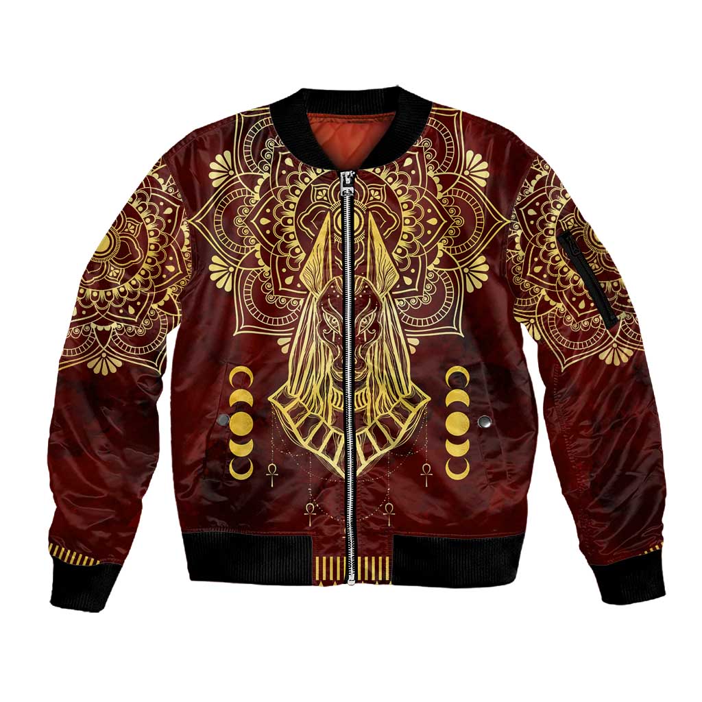 Personalized Anubis Sleeve Zip Bomber Jacket Ancient Egyptian Pattern In Red