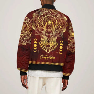 Personalized Anubis Sleeve Zip Bomber Jacket Ancient Egyptian Pattern In Red