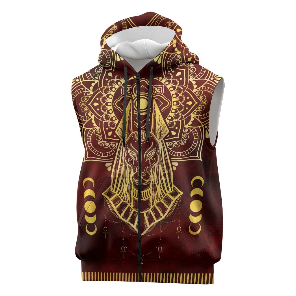 Personalized Anubis Sleeveless Zip Hoodie Ancient Egyptian Pattern In Red - African Pride