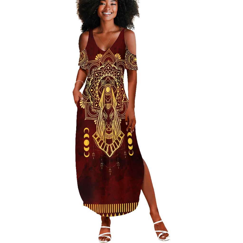 Personalized Anubis Summer Maxi Dress Ancient Egyptian Pattern In Red