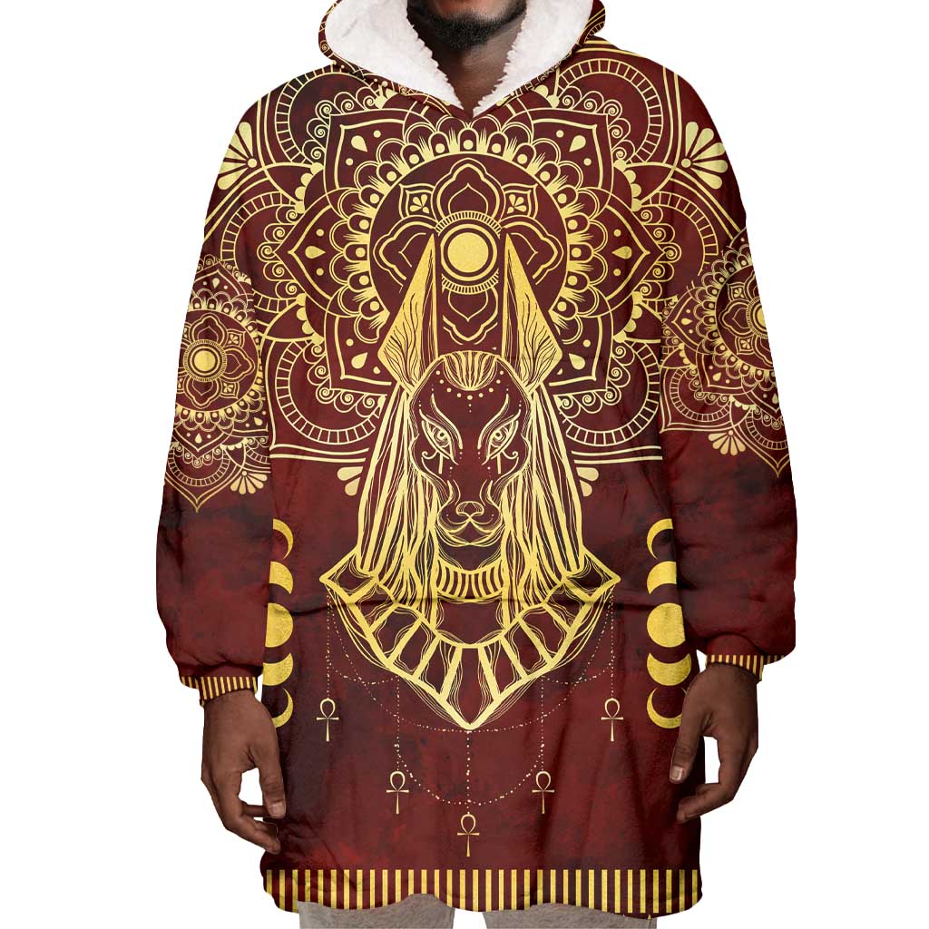 Personalized Anubis Wearable Blanket Hoodie Ancient Egyptian Pattern In Red