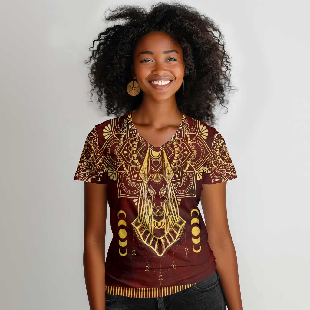 Personalized Anubis Women V-Neck T-Shirt Ancient Egyptian Pattern In Red