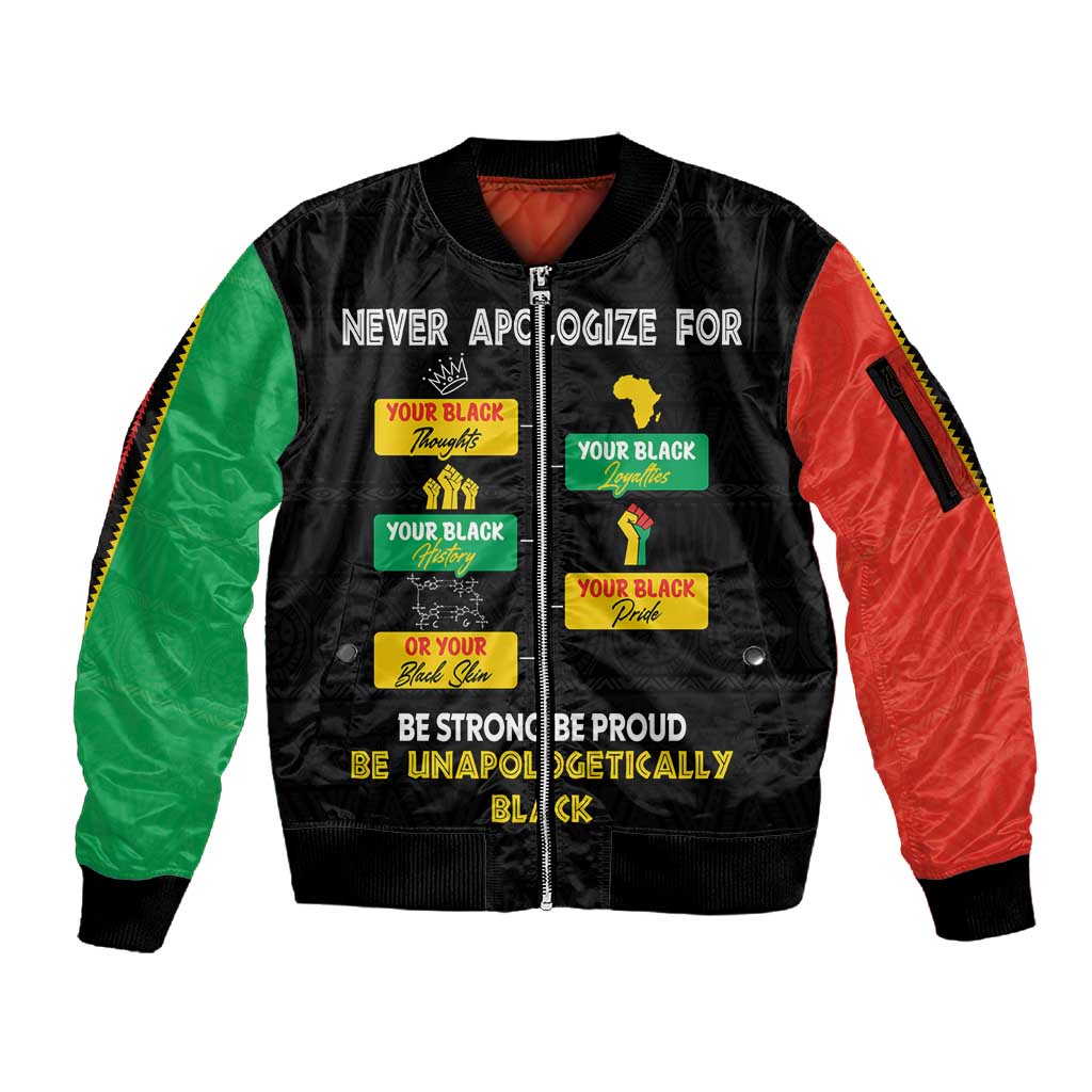 Never Apologize For Your Pride Sleeve Zip Bomber Jacket African Black History