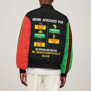 Never Apologize For Your Pride Sleeve Zip Bomber Jacket African Black History