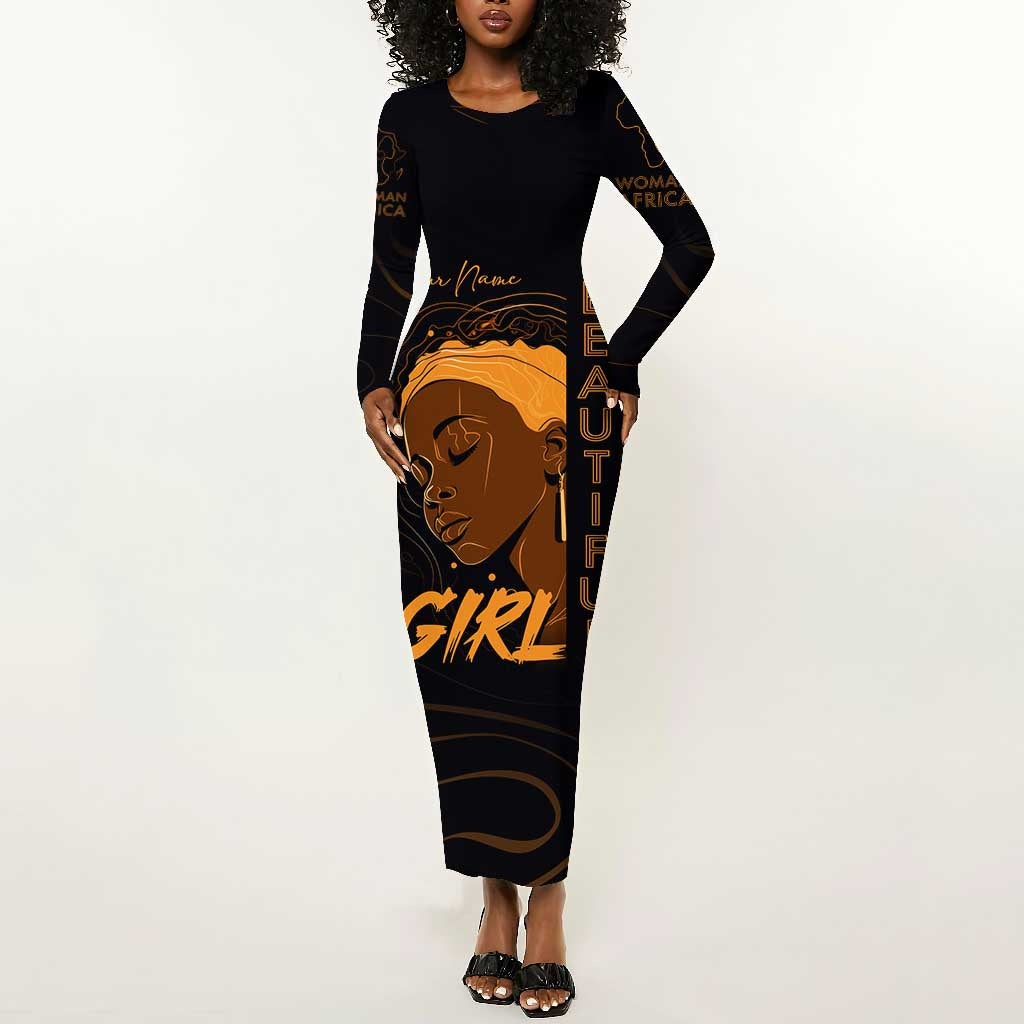 Personalized Beautiful Black Girl Long Sleeve Bodycon Dress - Women of Africa Design DT02