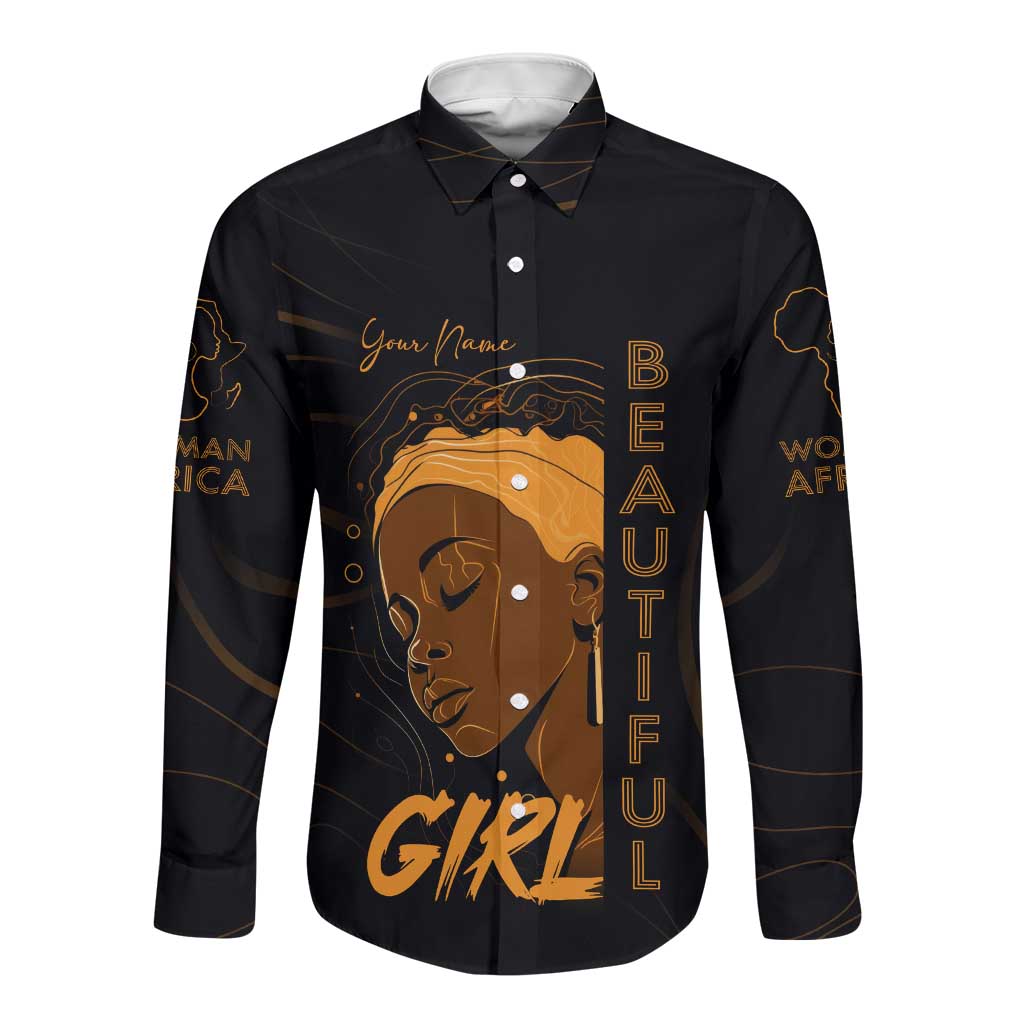 Personalized Beautiful Black Girl Long Sleeve Button Shirt - Women of Africa Design