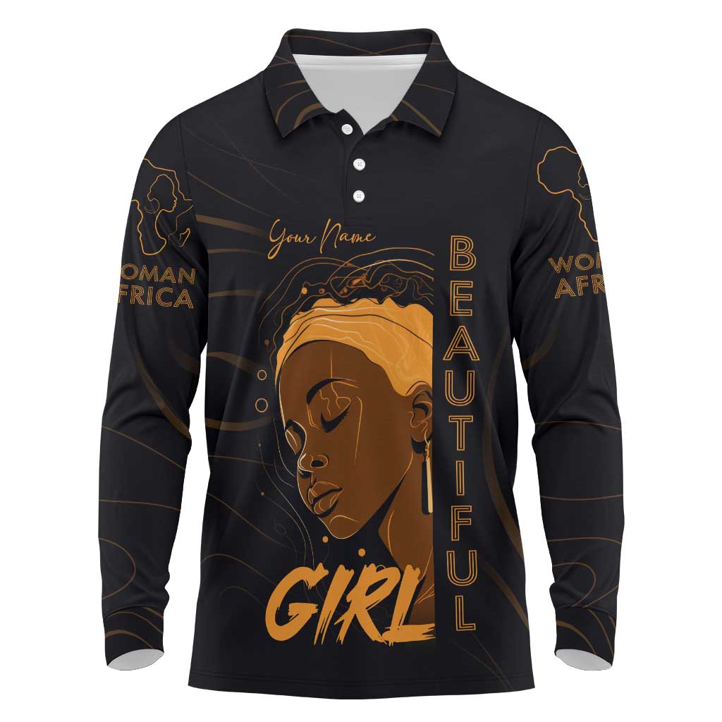 Personalized Beautiful Black Girl Long Sleeve Polo Shirt - Women of Africa Design