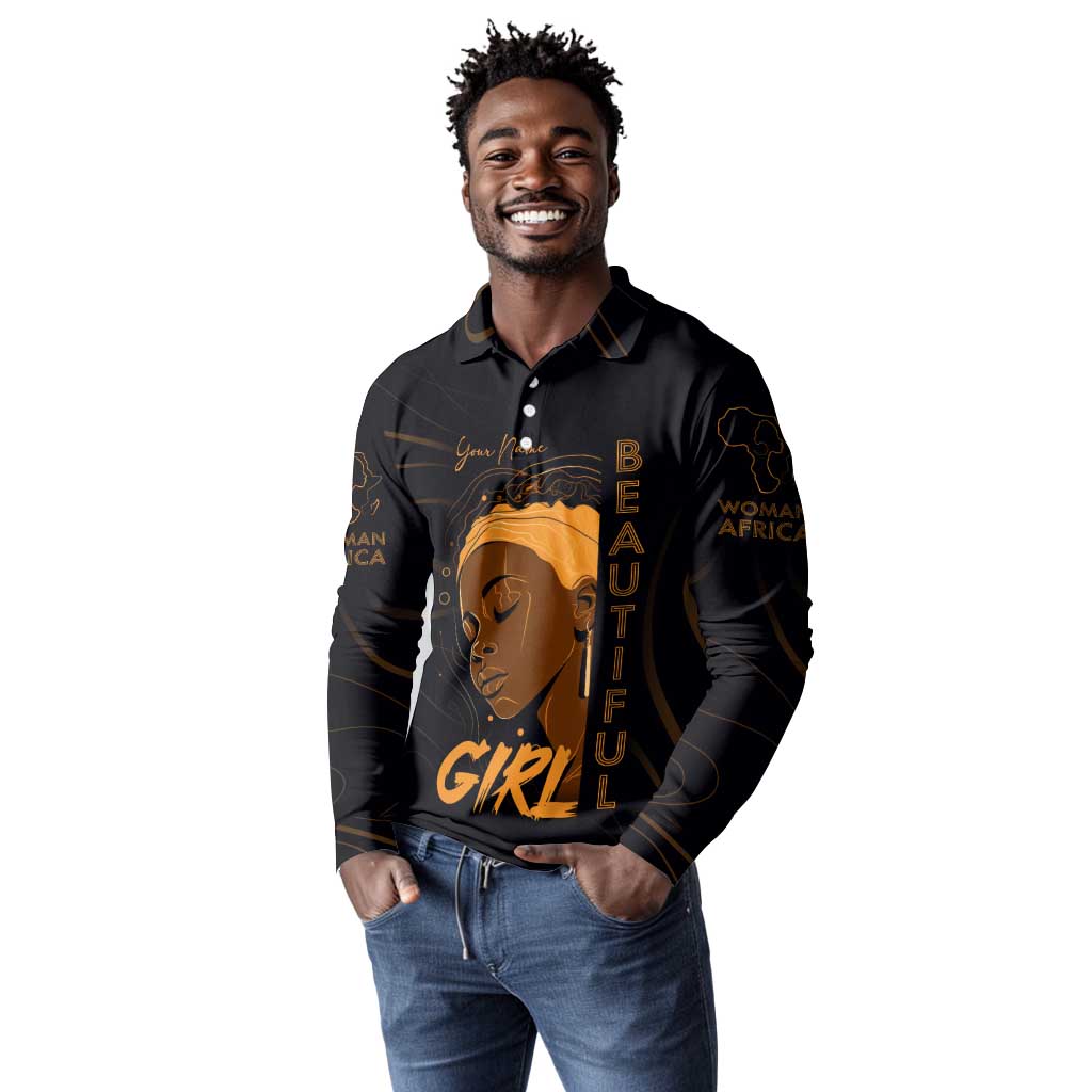 Personalized Beautiful Black Girl Long Sleeve Polo Shirt - Women of Africa Design