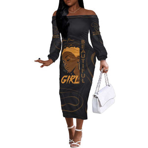 Personalized Beautiful Black Girl Off The Shoulder Long Sleeve Dress - Women of Africa Design