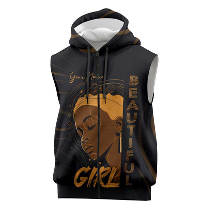 Personalized Beautiful Black Girl Sleeveless Zip Hoodie - Women of Africa Design - African Pride
