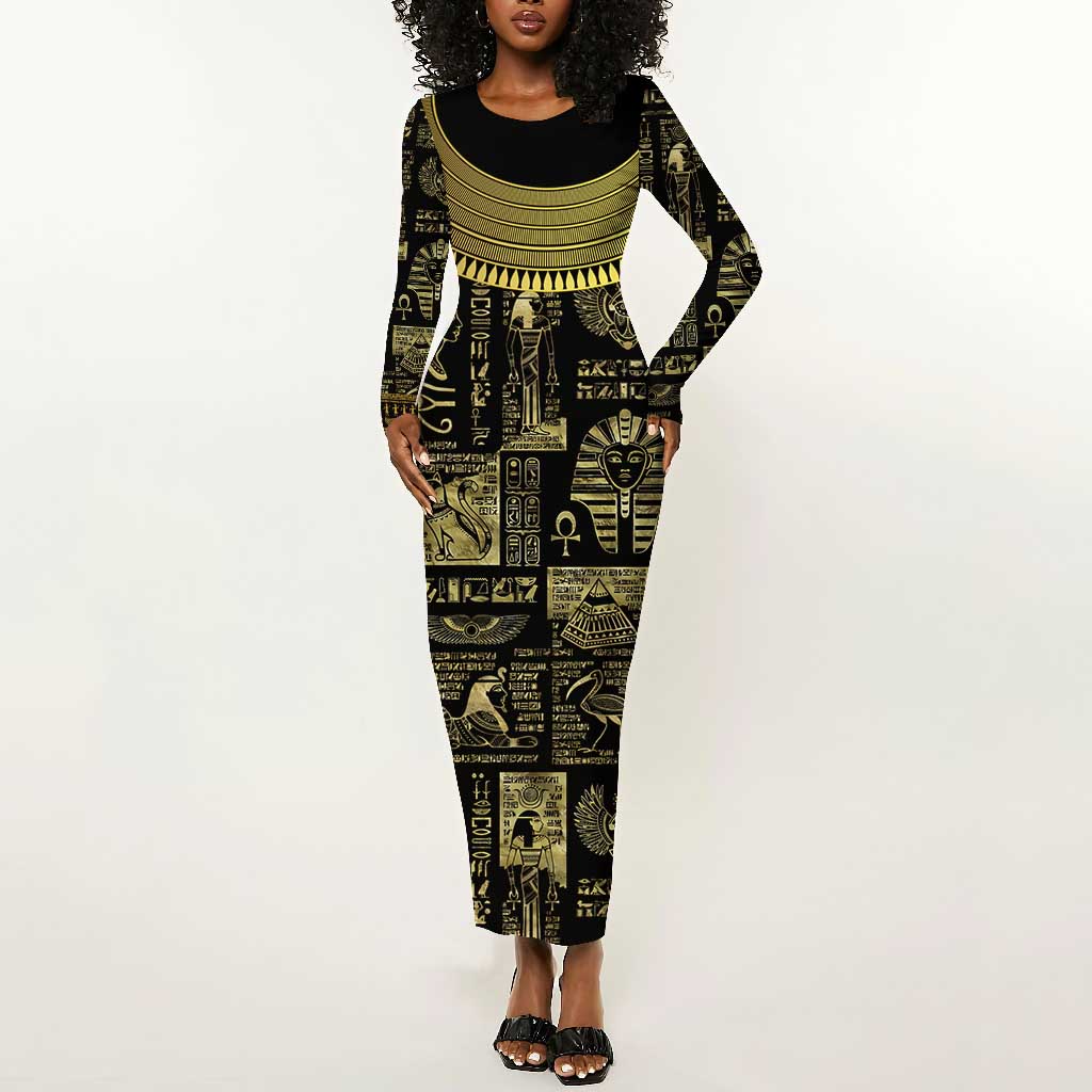 Egypt Pharaoh Long Sleeve Bodycon Dress Egyptian Hieroglyphs and Symbols