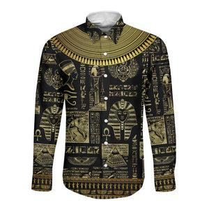 Egypt Pharaoh Long Sleeve Button Shirt Egyptian Hieroglyphs and Symbols