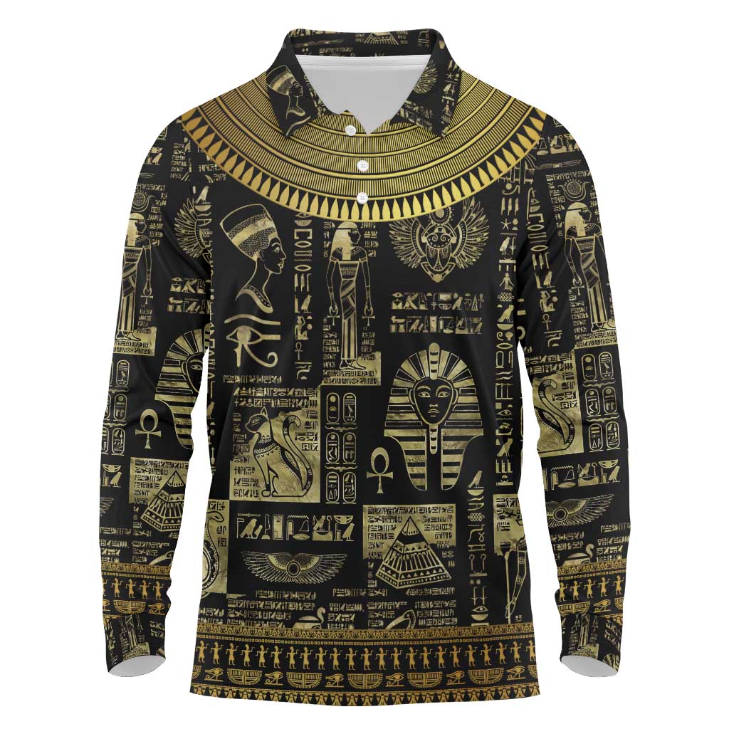 Egypt Pharaoh Long Sleeve Polo Shirt Egyptian Hieroglyphs and Symbols