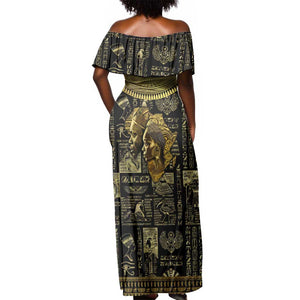 Egypt Pharaoh Off Shoulder Maxi Dress Egyptian Hieroglyphs and Symbols