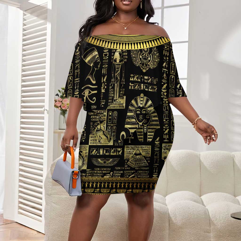 Egypt Pharaoh Off Shoulder Short Dress Egyptian Hieroglyphs and Symbols