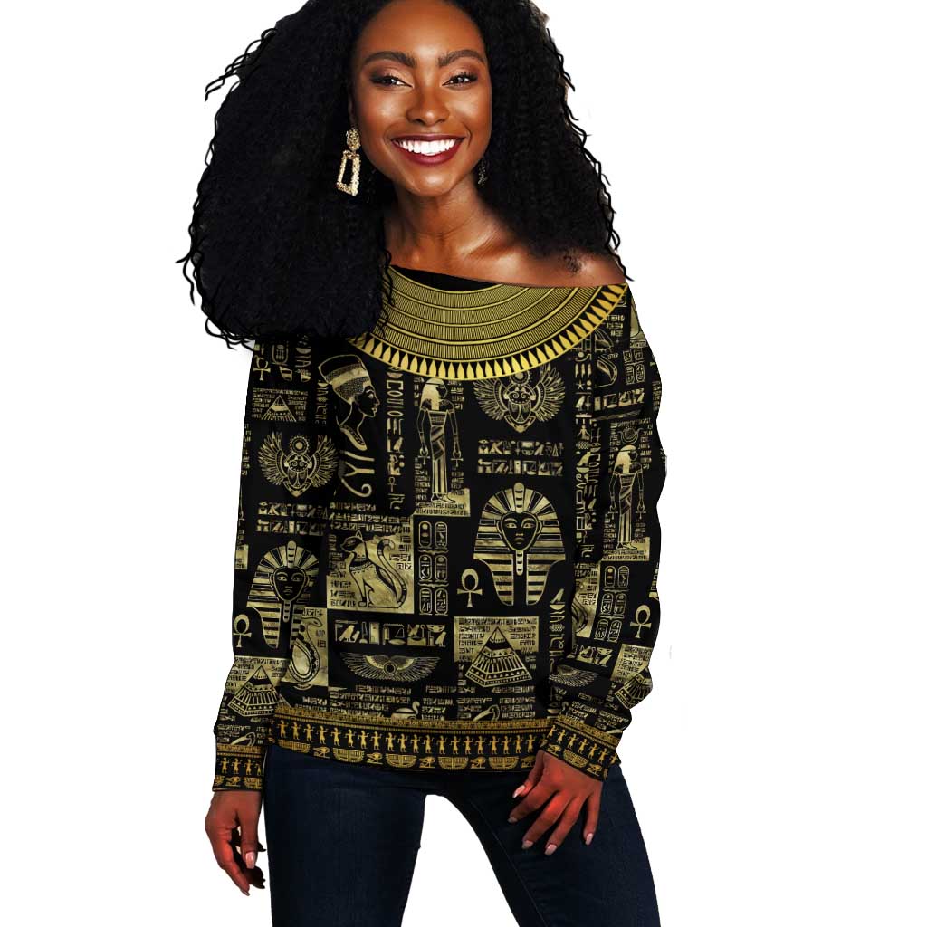 Egypt Pharaoh Off Shoulder Sweater Egyptian Hieroglyphs and Symbols