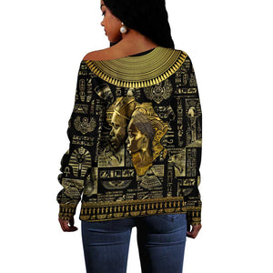 Egypt Pharaoh Off Shoulder Sweater Egyptian Hieroglyphs and Symbols