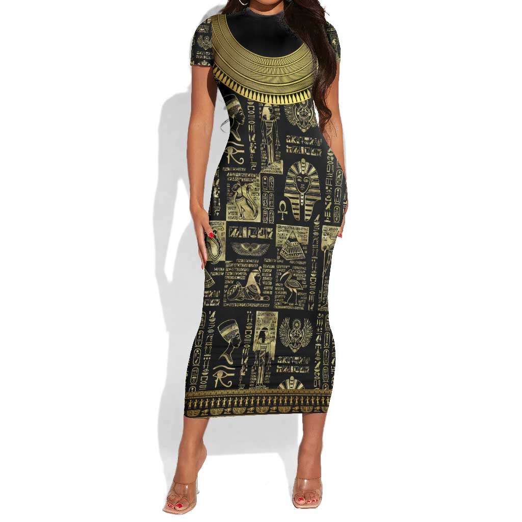 Egypt Pharaoh Short Sleeve Bodycon Dress Egyptian Hieroglyphs and Symbols