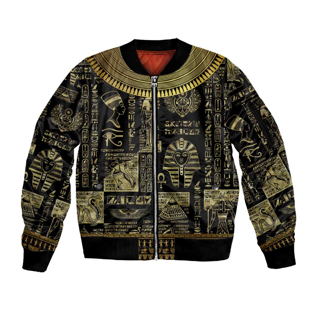 Egypt Pharaoh Sleeve Zip Bomber Jacket Egyptian Hieroglyphs and Symbols