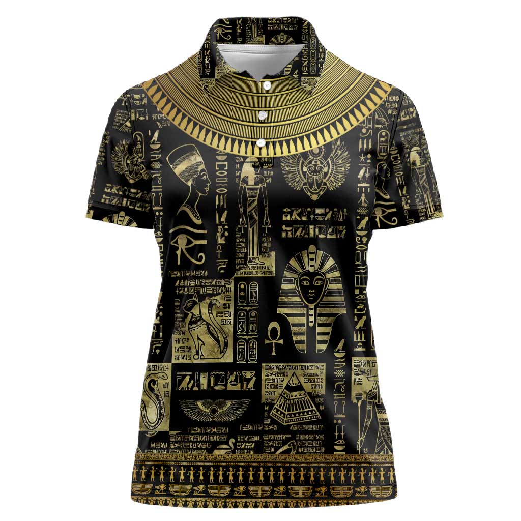 Egypt Pharaoh Women Polo Shirt Egyptian Hieroglyphs and Symbols