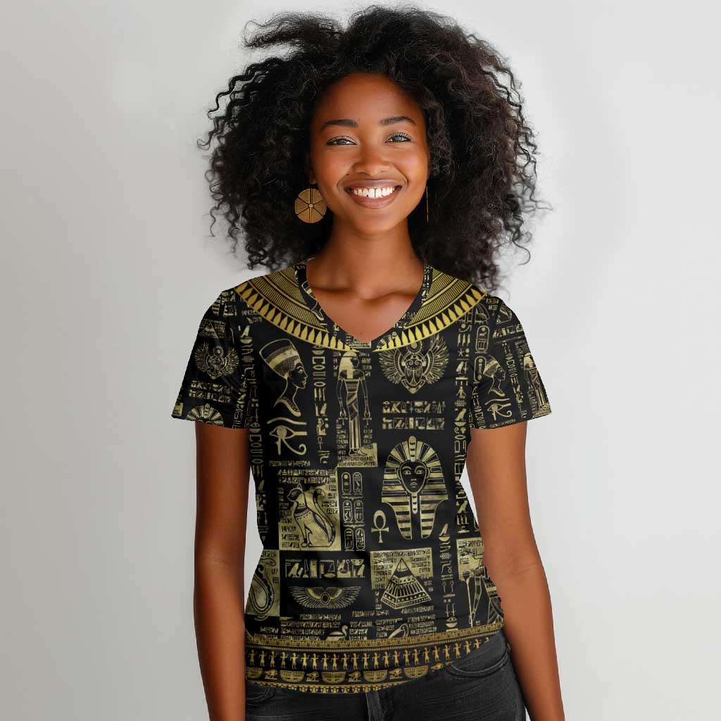 Egypt Pharaoh Women V-Neck T-Shirt Egyptian Hieroglyphs and Symbols