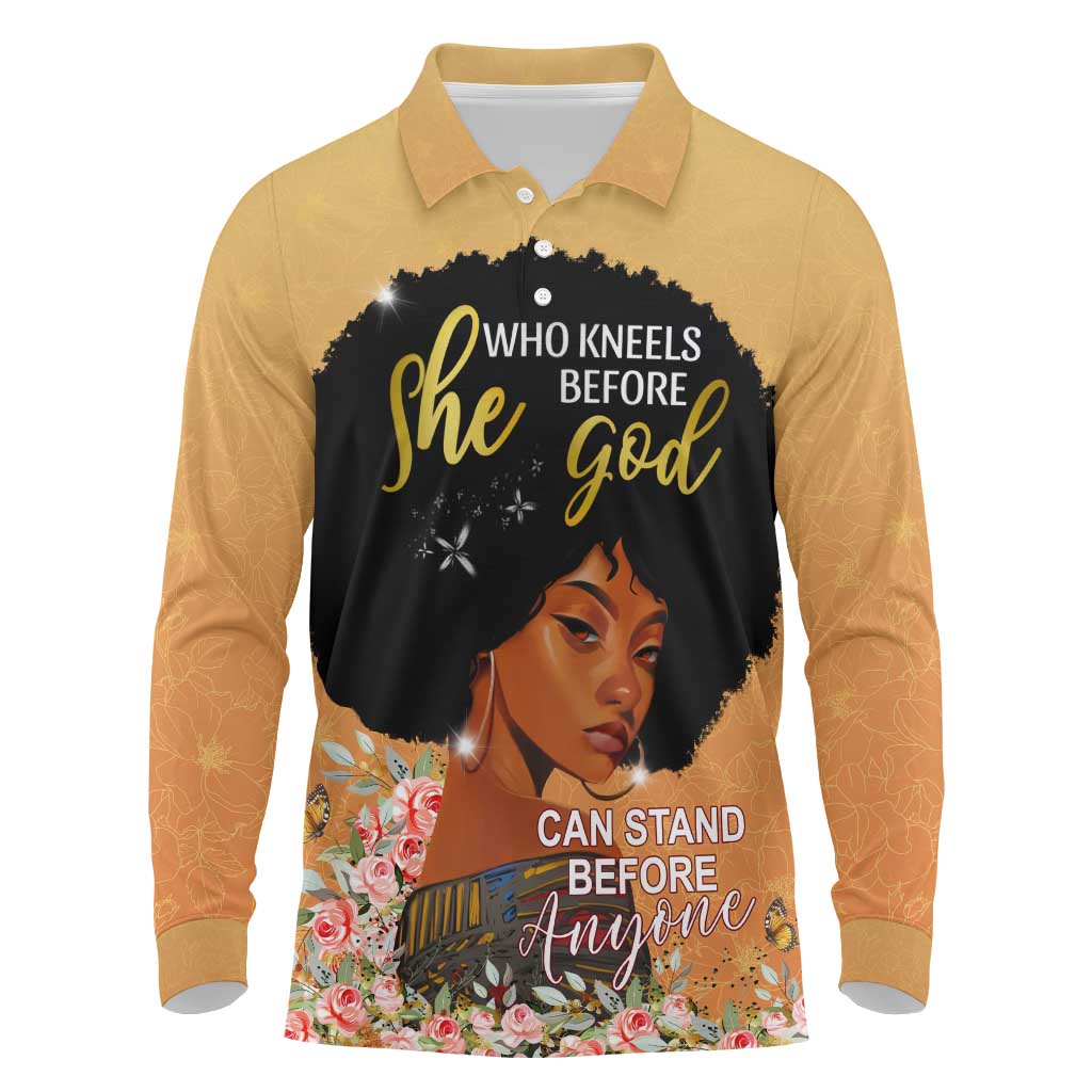 Personalized African Black Women Long Sleeve Polo Shirt She Who Kneels Before God