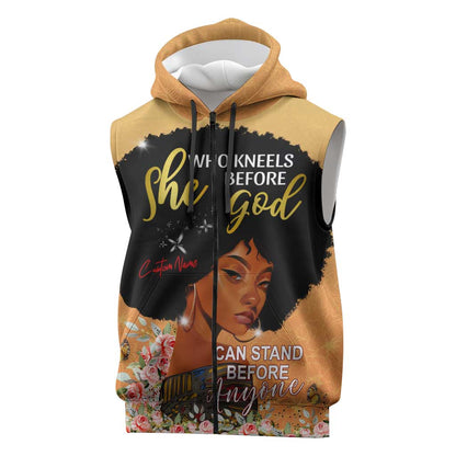 Personalized African Black Women Sleeveless Zip Hoodie She Who Kneels Before God - African Pride