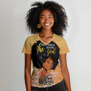 Personalized African Black Women Women V-Neck T-Shirt She Who Kneels Before God