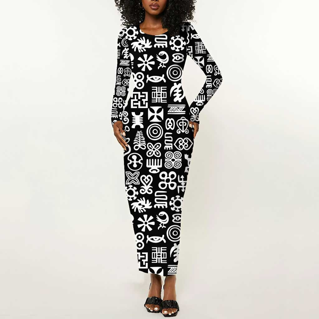 African Adinkra Long Sleeve Bodycon Dress - Mixed Pattern Symbols