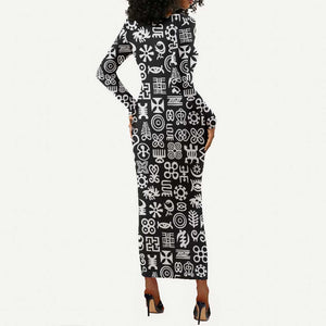 African Adinkra Long Sleeve Bodycon Dress - Mixed Pattern Symbols