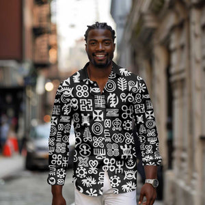 African Adinkra Long Sleeve Button Shirt - Mixed Pattern Symbols