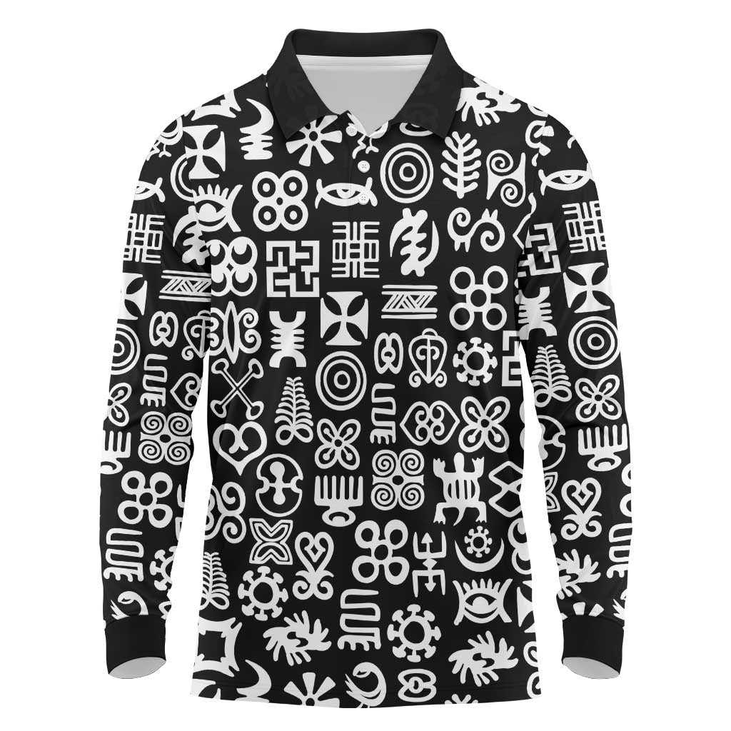 African Adinkra Long Sleeve Polo Shirt - Mixed Pattern Symbols