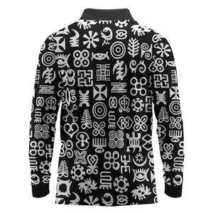 African Adinkra Long Sleeve Polo Shirt - Mixed Pattern Symbols