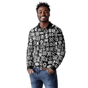 African Adinkra Long Sleeve Polo Shirt - Mixed Pattern Symbols