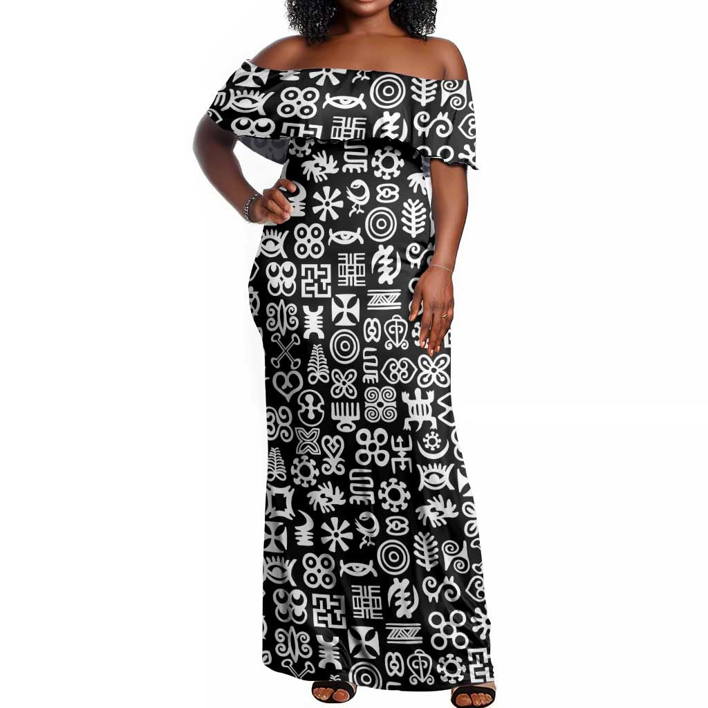 African Adinkra Off Shoulder Maxi Dress - Mixed Pattern Symbols