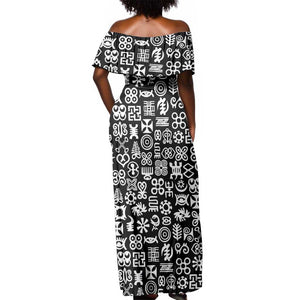 African Adinkra Off Shoulder Maxi Dress - Mixed Pattern Symbols