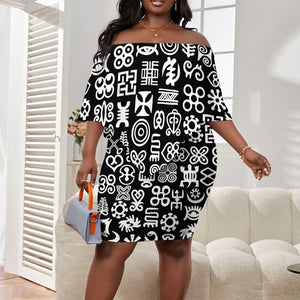 African Adinkra Off Shoulder Short Dress - Mixed Pattern Symbols