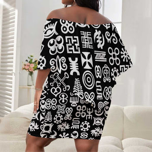 African Adinkra Off Shoulder Short Dress - Mixed Pattern Symbols