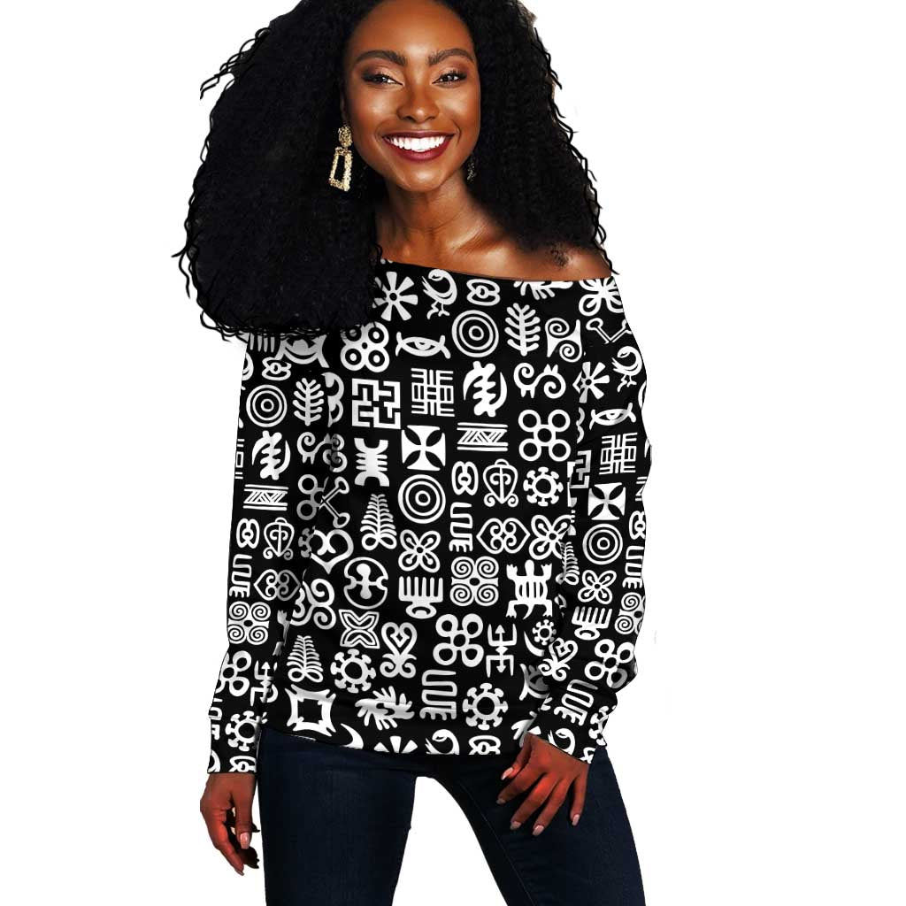 African Adinkra Off Shoulder Sweater - Mixed Pattern Symbols