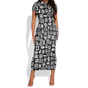 African Adinkra Short Sleeve Bodycon Dress - Mixed Pattern Symbols