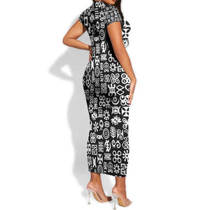 African Adinkra Short Sleeve Bodycon Dress - Mixed Pattern Symbols