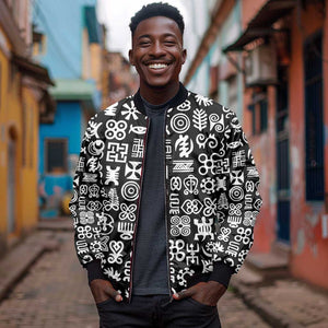 African Adinkra Sleeve Zip Bomber Jacket - Mixed Pattern Symbols